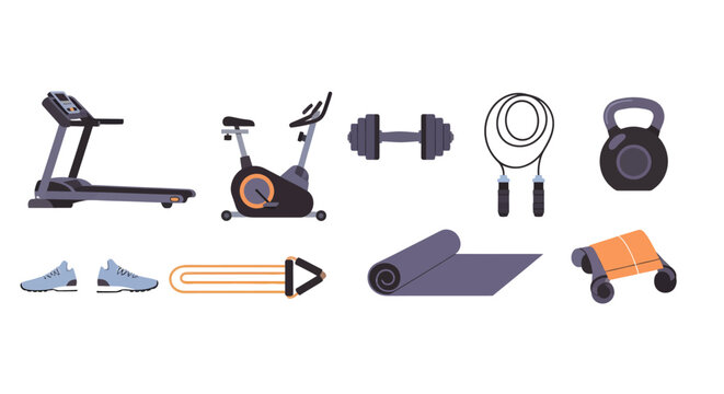 Home workout equipment set including treadmill spin bike dumbbells jump rope yoga mat water bottle sneakers for fitness exercise health training