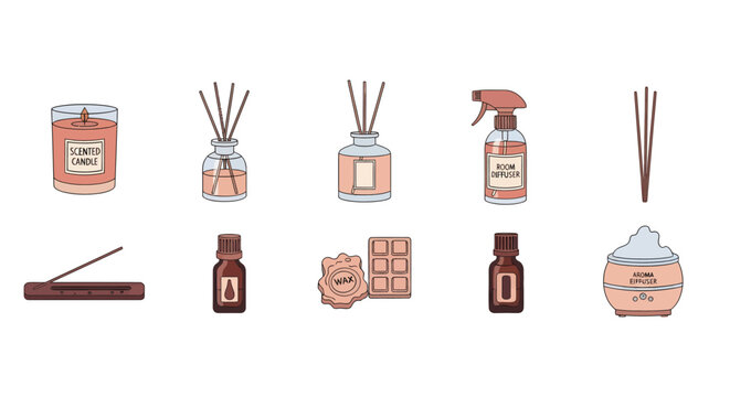 Set of Aromatherapy and Spa Products including candle, reed diffusers, spray, oils, wax, and humidifier for relaxation and wellness use
