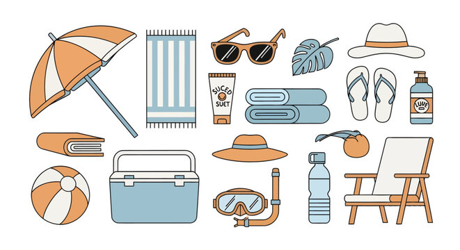 Beach Vacation Essentials Flat Lay with Umbrella towels sunglasses hat flip flops sunscreen water bottle aquarium ball cooler chair and diving mask for summer holidays