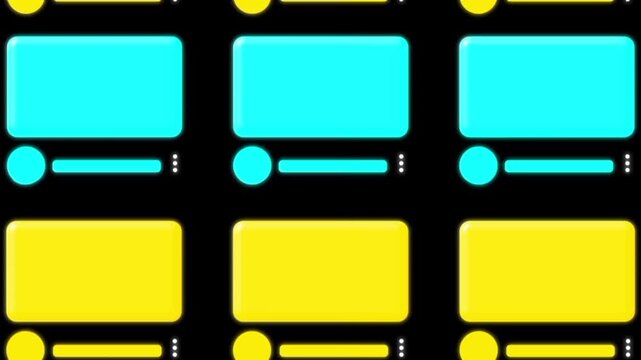Seamless loop of a vertically scrolling video interface featuring bright cyan and yellow glowing video thumbnails