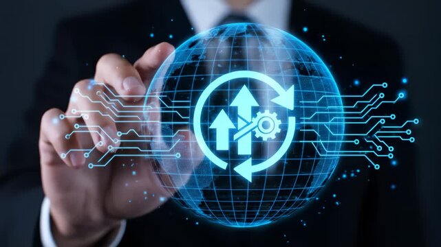A human hand in a suit interacts with a glowing blue digital globe and process improvement icon