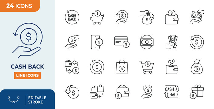 Cash Back line editable icon set. Contain icons related to Cash back, refund, savings, prize, and more. Editable stroke. Vector illustration