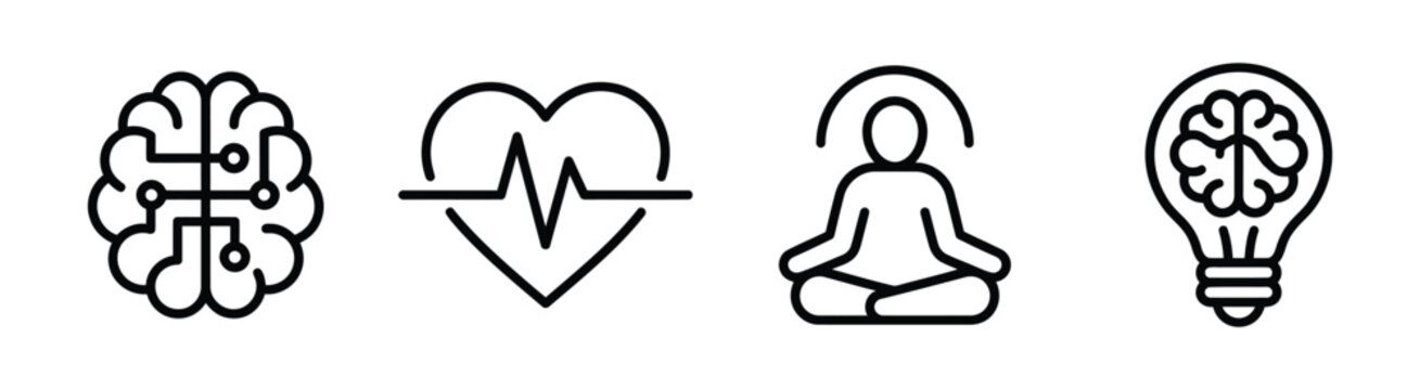 Mental health mindfulness brain science and creative inspiration concept icon collection.