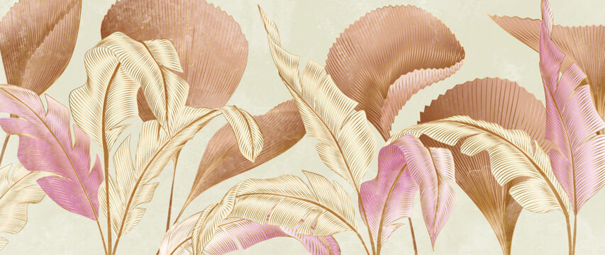 Elegant botanical background with gold and brown tropical leaves and gold line elements. Exotic plant pattern is perfect for wallpaper, prints, textiles, posters, and packaging.