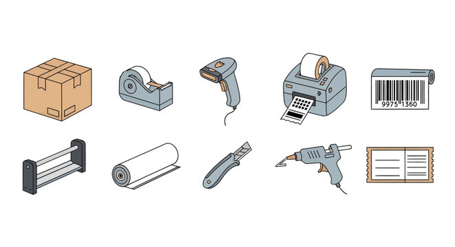 Office and packing supplies including tape dispenser barcode printer barcode roll paper cutter handheld scanner cash register glue gun notebook clipboard