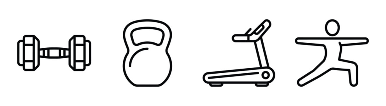 Fitness and gym equipment line icons including dumbbell kettlebell treadmill and yoga pose.