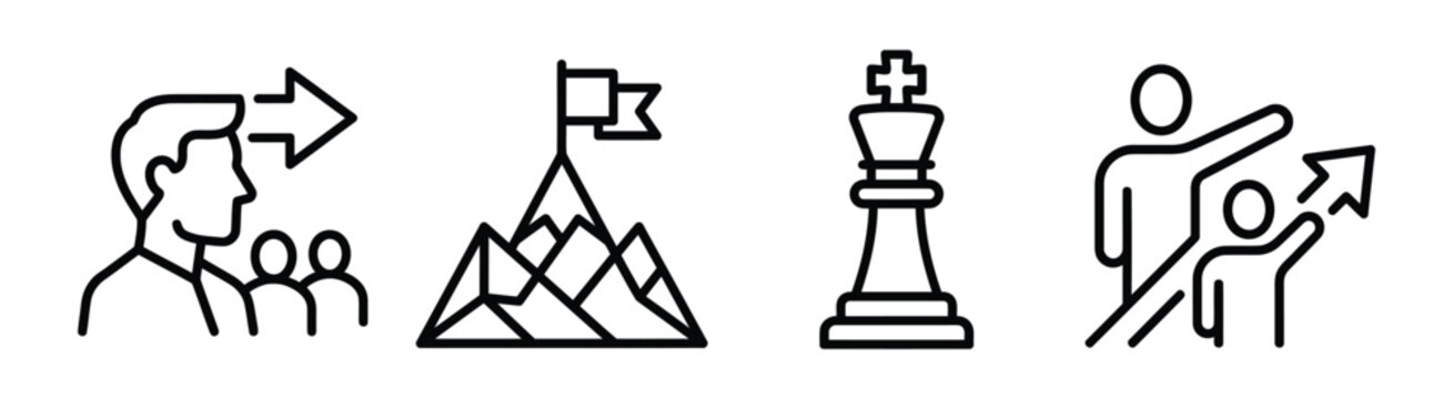 Leadership and business strategy line icons set featuring mountain flag chess king and vision.