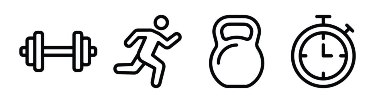 Set of sports and fitness line icons includes dumbbell, runner, kettlebell, stopwatch.