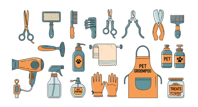 Pet grooming tools and supplies illustration with scissors comb bottles sprays gloves and treats for dog and cat care