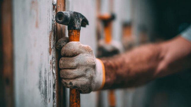 Closeup view of wall baffles being mounted along classroom walls focusing on the workers hands and tools while the rest of the room fades into soft focus.