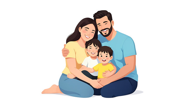 Happy Family Sitting Together on Floor Smiling in Casual Bright Clothing