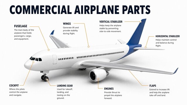 Anatomy of a Commercial Airplane Infographic with Labeled Parts