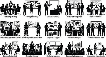 Obraz premium Emergency Management Workforce Silhouette Collection. Disaster Response, Incident Command, Vector Illustration Pack