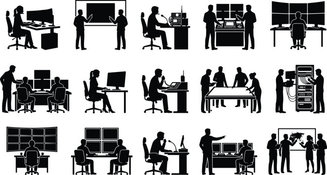 Command Center Workplace Silhouette Collection. Control Room, Technical Team, Vector Illustration Pack