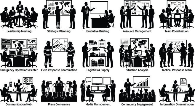 Emergency Management Workforce Silhouette Collection. Disaster Response, Incident Command, Vector Illustration Pack