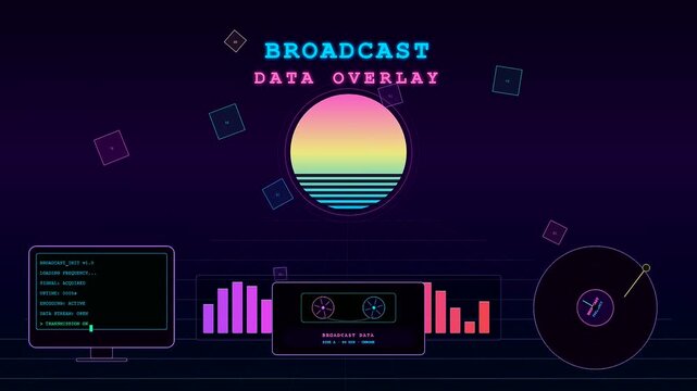 A retro synthwave broadcast data overlay features glowing neon graphics with moving tape reels and digital code monitors for a nostalgic futuristic aesthetic in motion.
