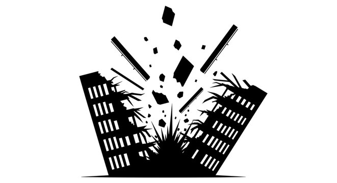 Black and white city skyscrapers exploding.