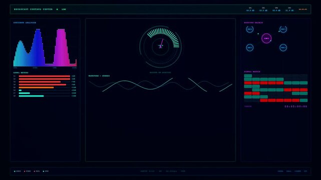 This futuristic broadcast data overlay features glowing audio waveforms that ripple across the screen as digital bars fluctuate and circular needles track various technical signals