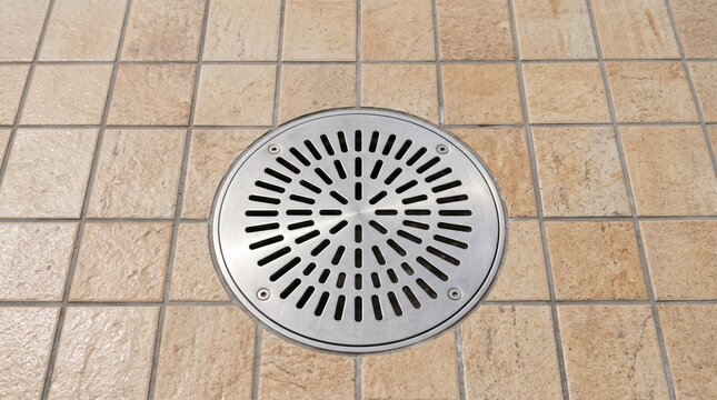 Circular metal drain cover on tiled floor in neutral colors  