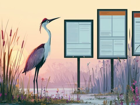 Graceful great blue heron and interpretative signs in wetlands during sunset