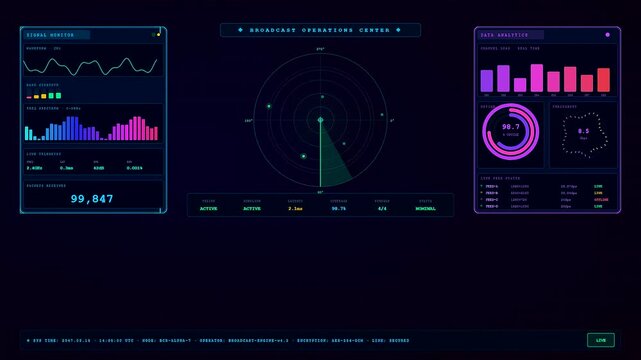 This dynamic broadcast data overlay displays fluctuating signal waves and rotating radar sweeps in a futuristic operations center for real time monitoring and advanced digital surveillance.