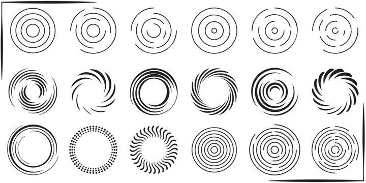 Abstract geometric monochrome speed circle line vortex vector illustration set. Simple linear concentric radial arc swoop pattern collection, minimalist black dynamic shell segment loop element pack 