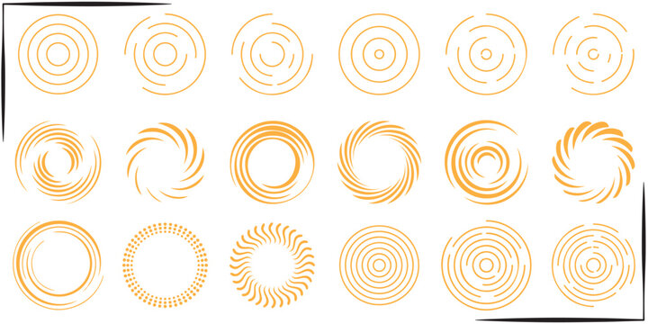 Abstract geometric monochrome speed circle line vortex vector illustration set. Simple linear concentric radial arc swoop pattern collection, minimalist black dynamic shell segment loop element pack 