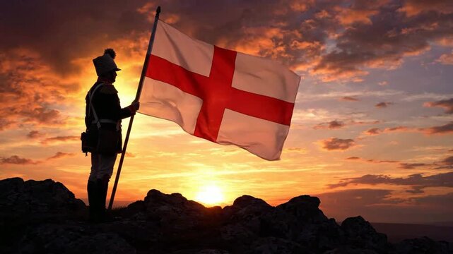 Historical soldier holding england flag at sunset on mountain peak, cinematic patriotic scene, st george&rsquo;s cross national symbol, british heritage concept