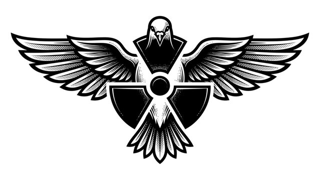 Engraved flying dove bird with nuclear radiation symbol on chest representing atomic peace concept, black and white, stock vector