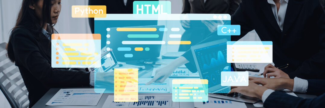 A modern business team collaborates in an office setting, surrounded by digital displays of various coding languages, showcasing innovation and technology. Trope