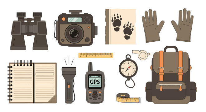Camping and hiking gear set including binoculars camera gloves notebook GPS compass backpack measuring tape flashlight and whistle