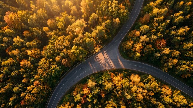 Aerial View of Forked Road Junction in Autumn Forest Illuminated by Sunlight