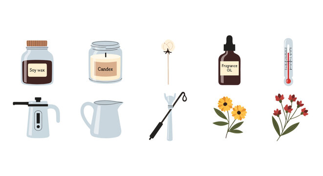 Collection of aromatherapy and home fragrance items including soy wax, candles, essential oils, diffuser, flowers, and thermometer for relaxation and wellness