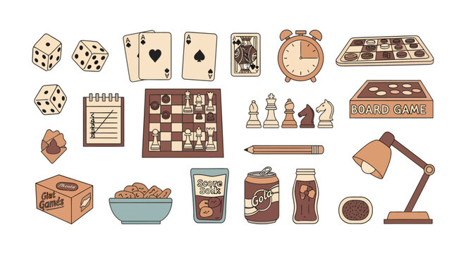 Collection of Board Games, Card Decks, Dice, Chess Pieces, Timer, Cookies, Snack, and Desk Lamp for Indoor Entertainment and Game Night