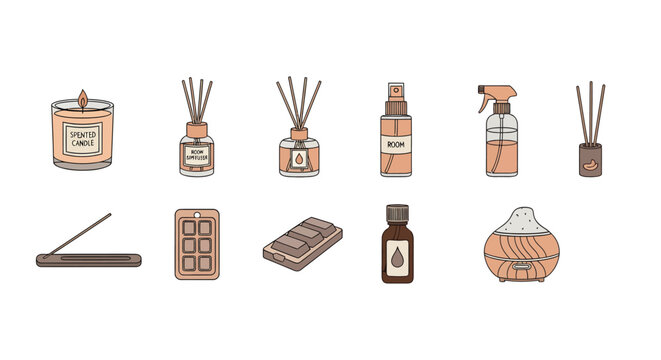 Collection of illustrated home fragrance and wellness products including candles diffusers sprays and essential oils for relaxation and aromatherapy