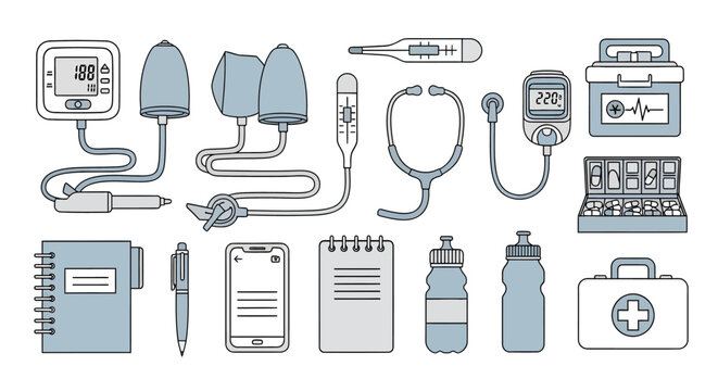 Medical equipment and supplies collection including stethoscope thermometer pills and digital devices for healthcare professionals