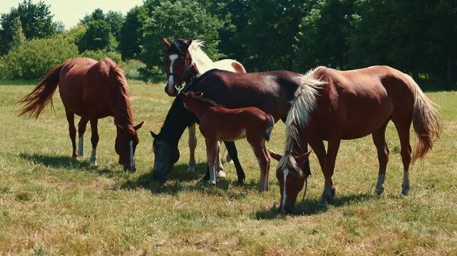 Brown foal standing near mother horse in field. Young baby animal resting in pasture on sunny day. Livestock farming, rural landscape and equine nature theme.