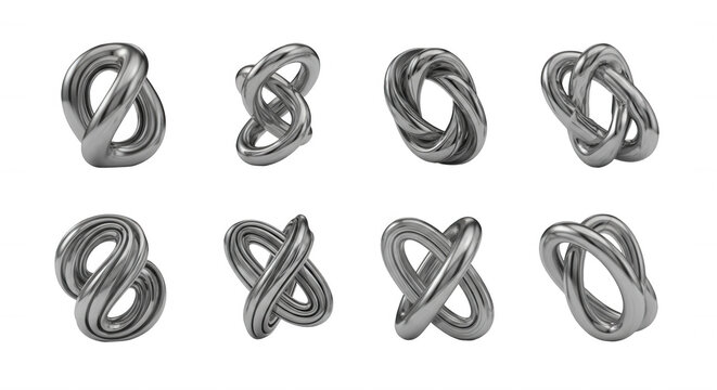 metallic torus knots in different angles on a white background for abstract design visuals