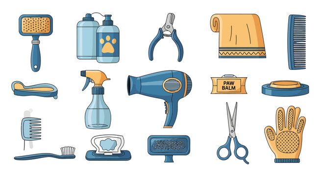 Pet Grooming Tools Collection Illustration with Brush Clippers Dryer Scissors Comb Bath Supplies