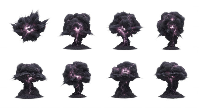 series of digital explosions in sequence generating ominous smoke with violet lightning effects on white possible use concept art