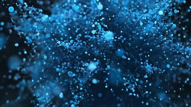 Abstract Blue Glowing Particles Exploding on Dark Background. Futuristic Digital Data, Technology, AI, Science, Network, Energy Concept.