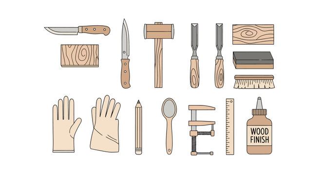 Collection of woodworking tools and supplies including knives, hammers, chisels, sandpaper, gloves, paint, and glue for carpentry and DIY projects