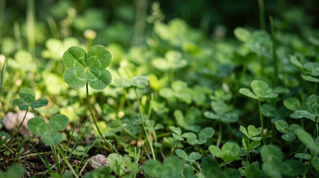Lush green clover field with four leaf clover in focus