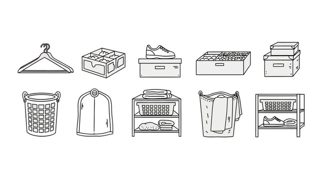 Outline of various household storage and organization items including shelves, boxes, laundry basket, shoes, clothing, and accessories for home management