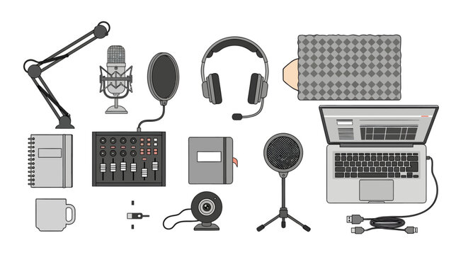 Podcasting studio setup with microphone headphones laptop audio mixer soundproof foam for broadcasting and recording