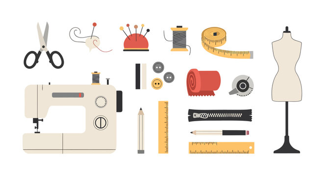 Sewing and tailoring tools collection: scissors, needles, pin cushion, thread, measuring tape, mannequin, sewing machine, buttons, zipper, fabric, pencils, ruler, and notions for fashion design