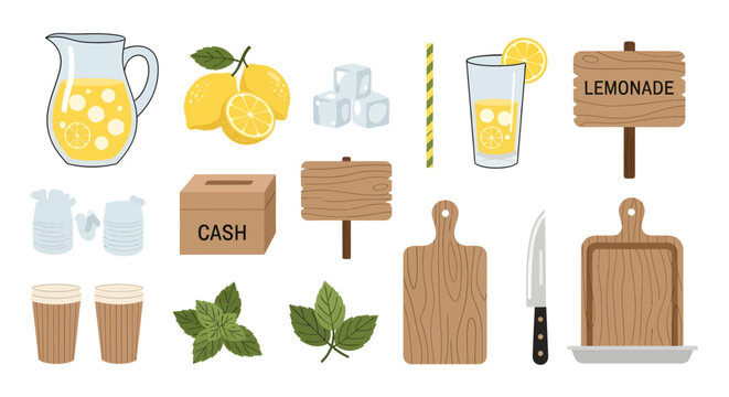 Handmade Lemonade Drink with Ice, Straw, Glass, Wooden Sign, Cash Box, Leaves, and Cups for Summer Refreshment or Beverage Advertising