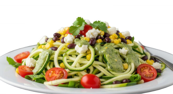 healthy zucchini noodles with tomatoes corn black beans feta and cilantro served on a white plate good for weight loss recipes