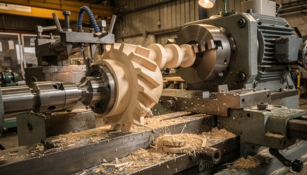 Industrial lathe machining robust wooden spindles with sharp tools focusing on mechanical accuracy and heavyduty production processes.