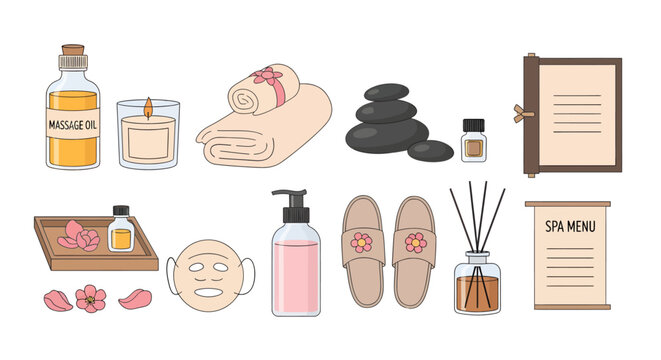 Spa and relaxation accessories illustration with massage oil candles towels stones essential oils slippers and spa menu for wellness and self-care